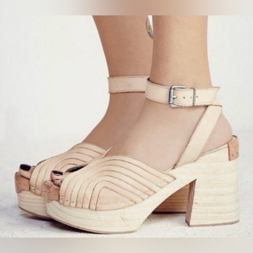 Free People Orion Woven Clogs Leather & Wood Platform Sandals Euro 40